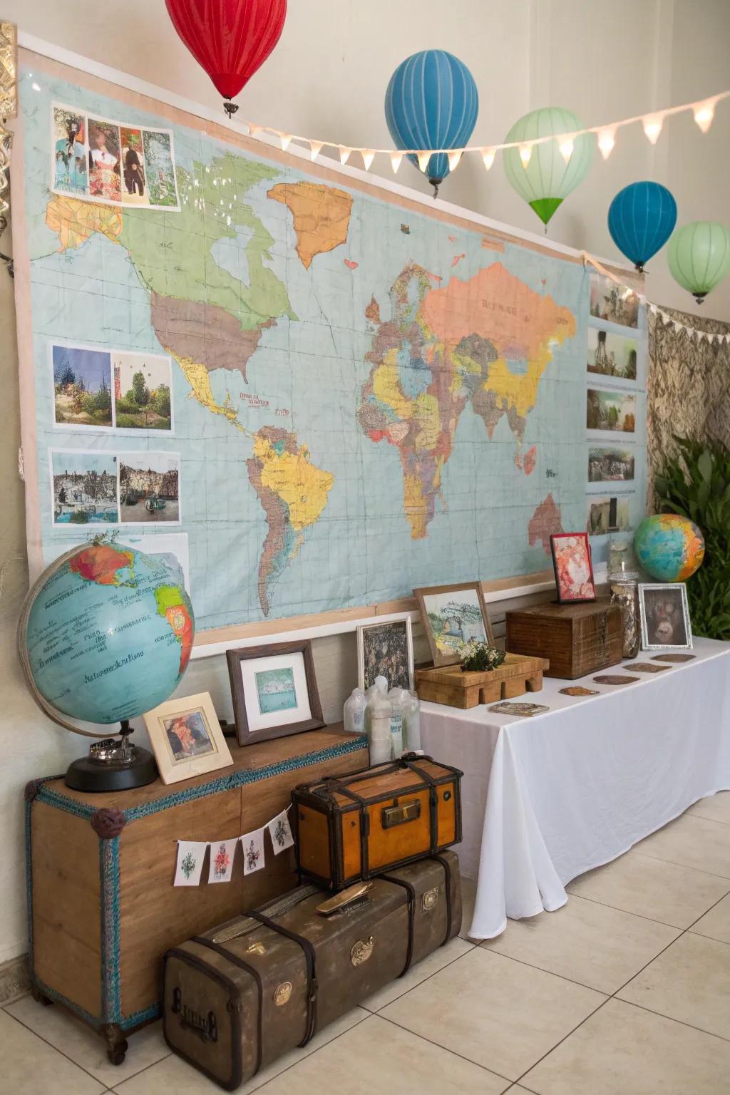 Travel-themed decorations celebrating a life full of adventures.