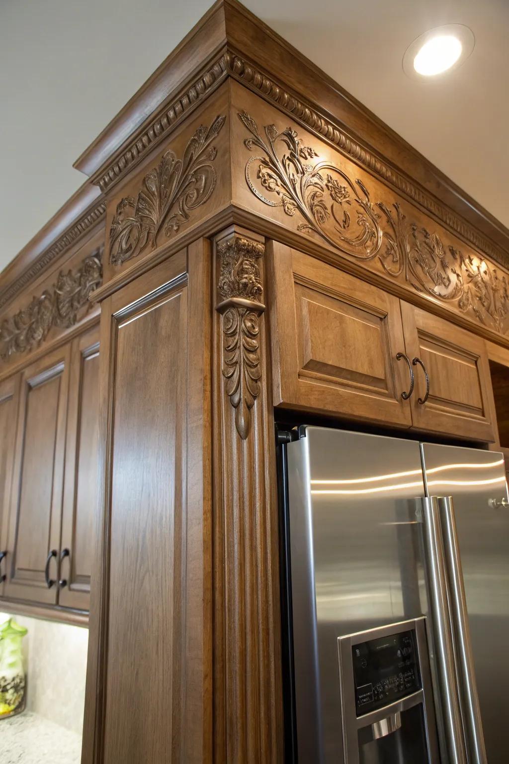 Ornamental touches add elegance and personality to kitchen cabinetry.