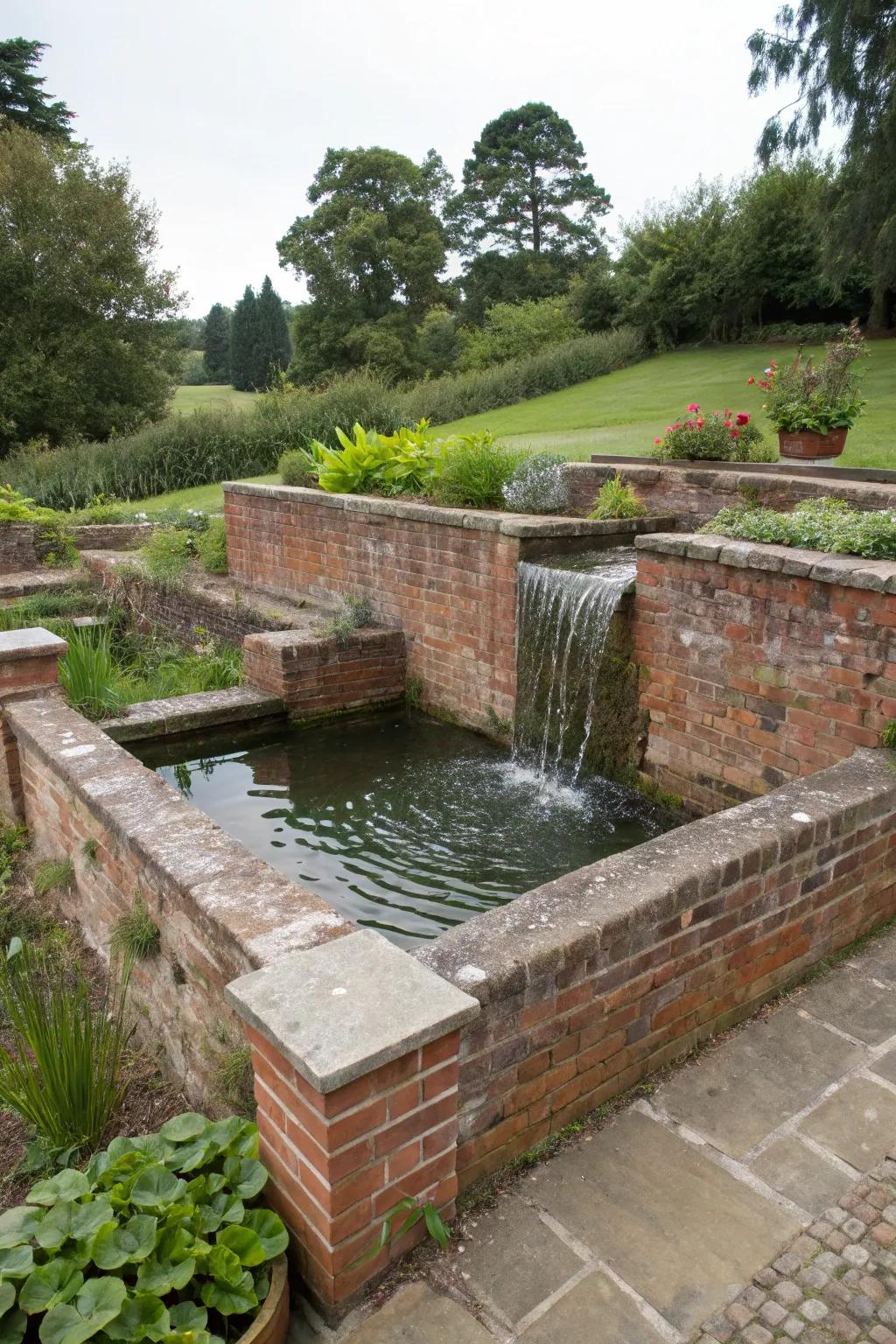 Earthy fired clay walls lend a sturdy elegance to this elevated pond.