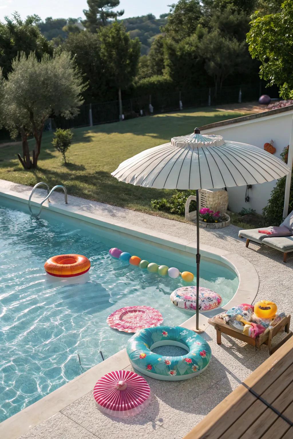 Elevate your pool's vibrancy with enjoyable loungers and chic parasols.