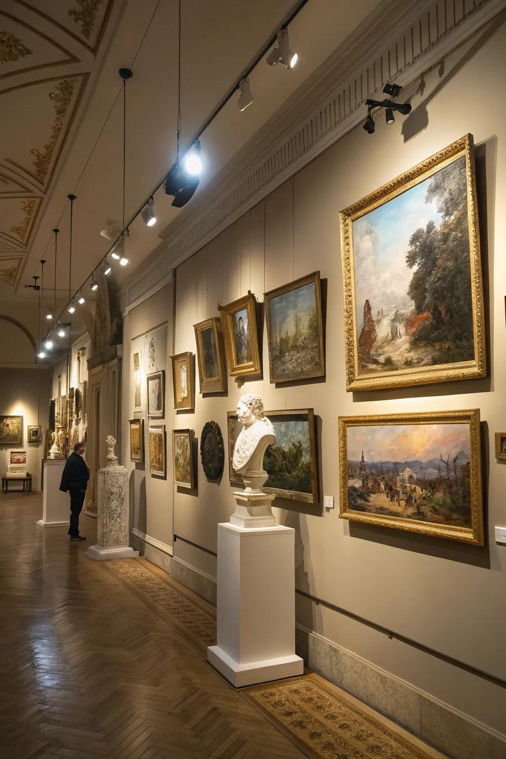 Spotlights make art and photos stand out on gallery walls.