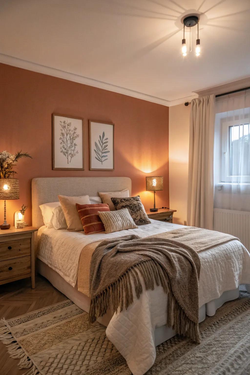 Warm colors on the accent wall make the bedroom feel inviting and cozy.