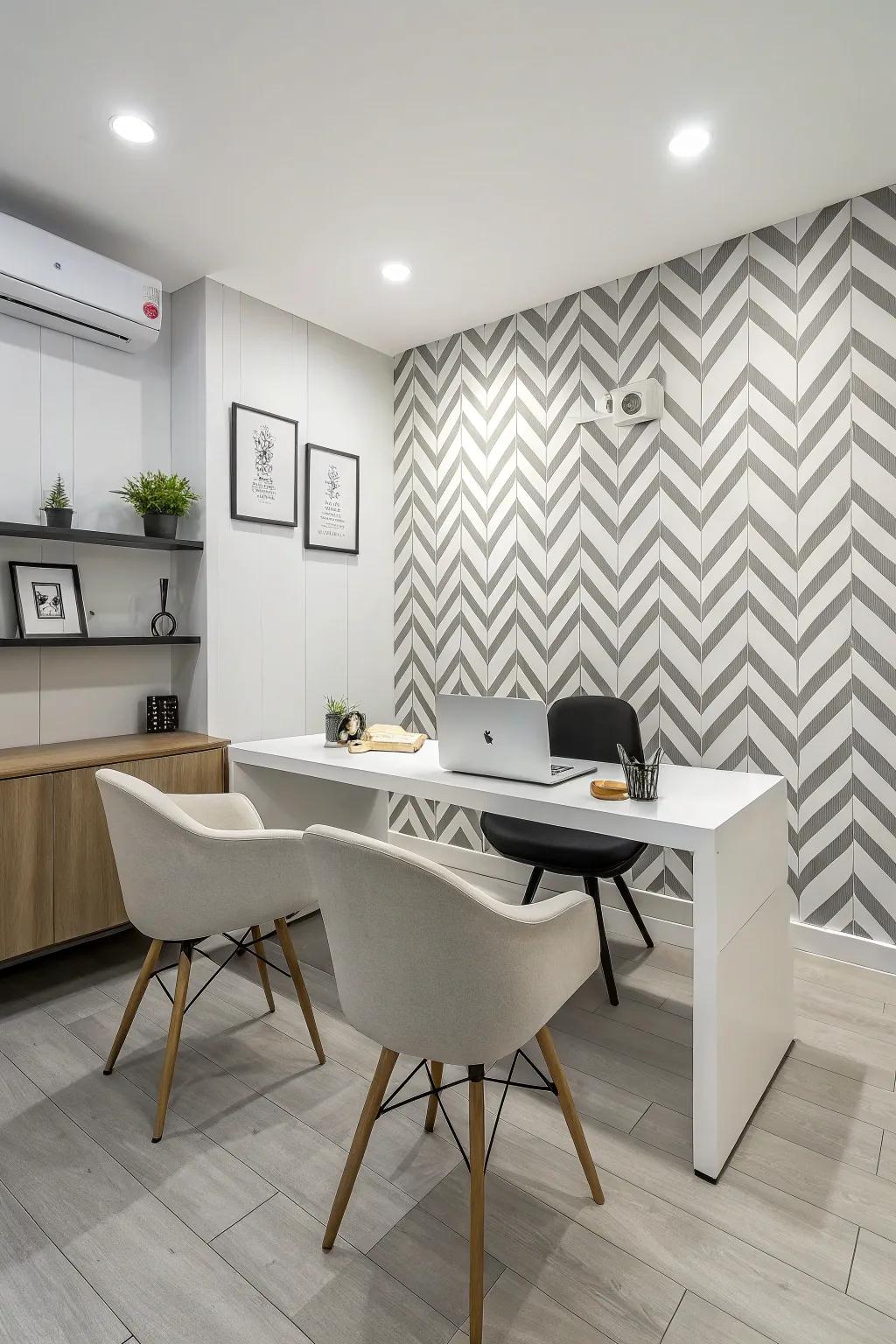 A refined office space featuring a single-tone accent wall.