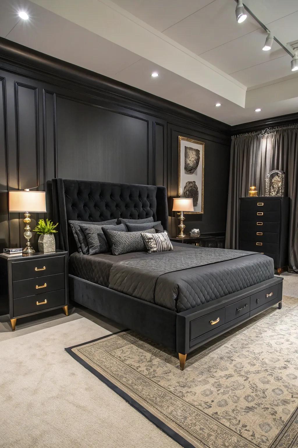 A black bedroom featuring elegant and modern furniture.