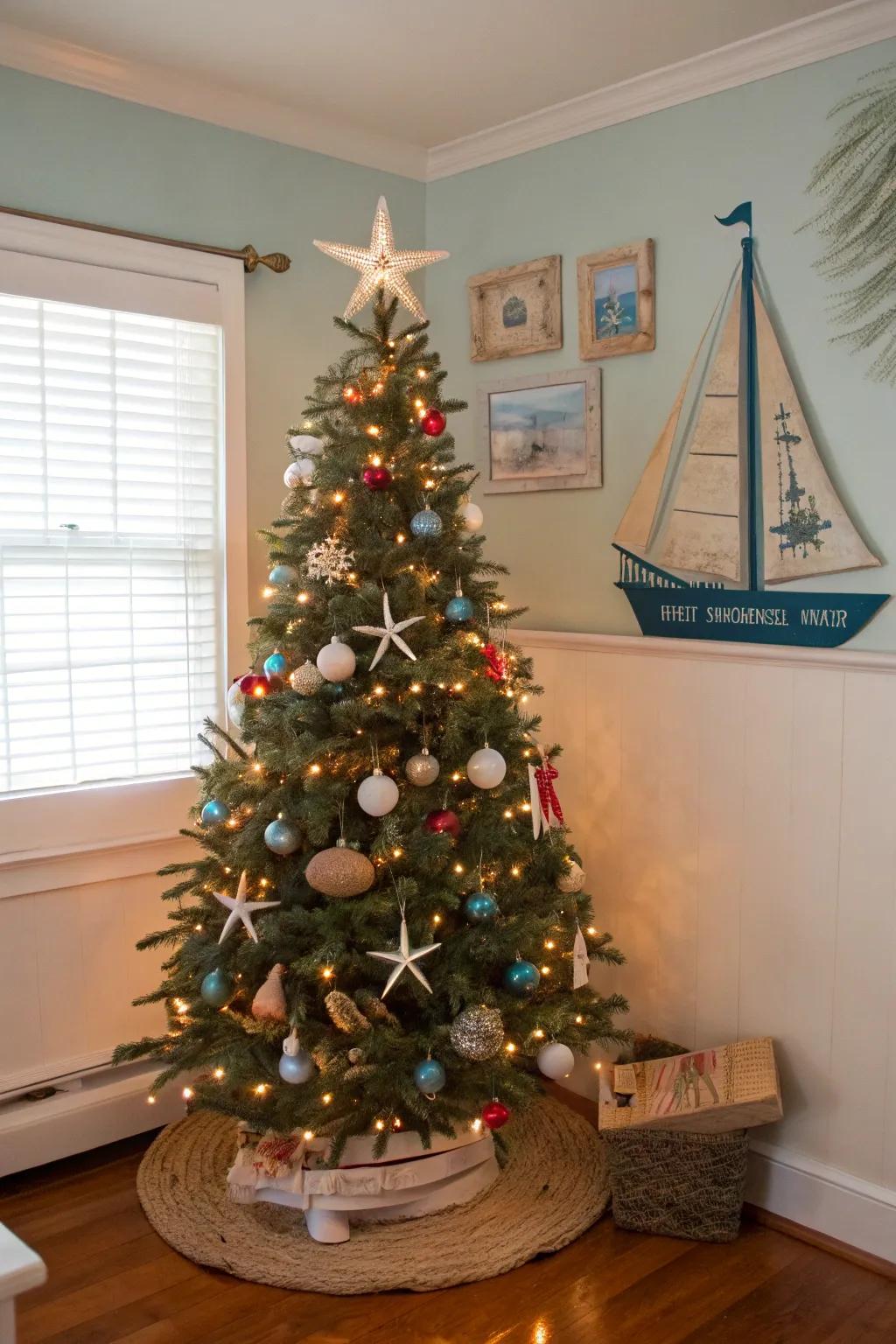 A coastal Christmas tree ornamented with decorations inspired by the sea.