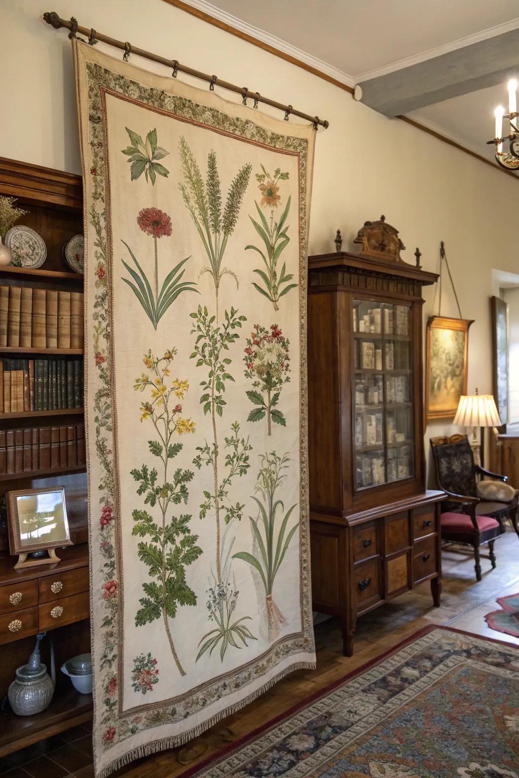 Botanical tapestries offer a classic touch.