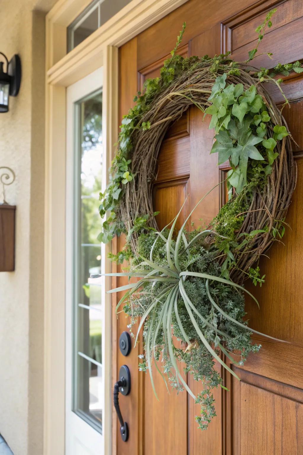 A welcoming air plant garland adorning an entrance.