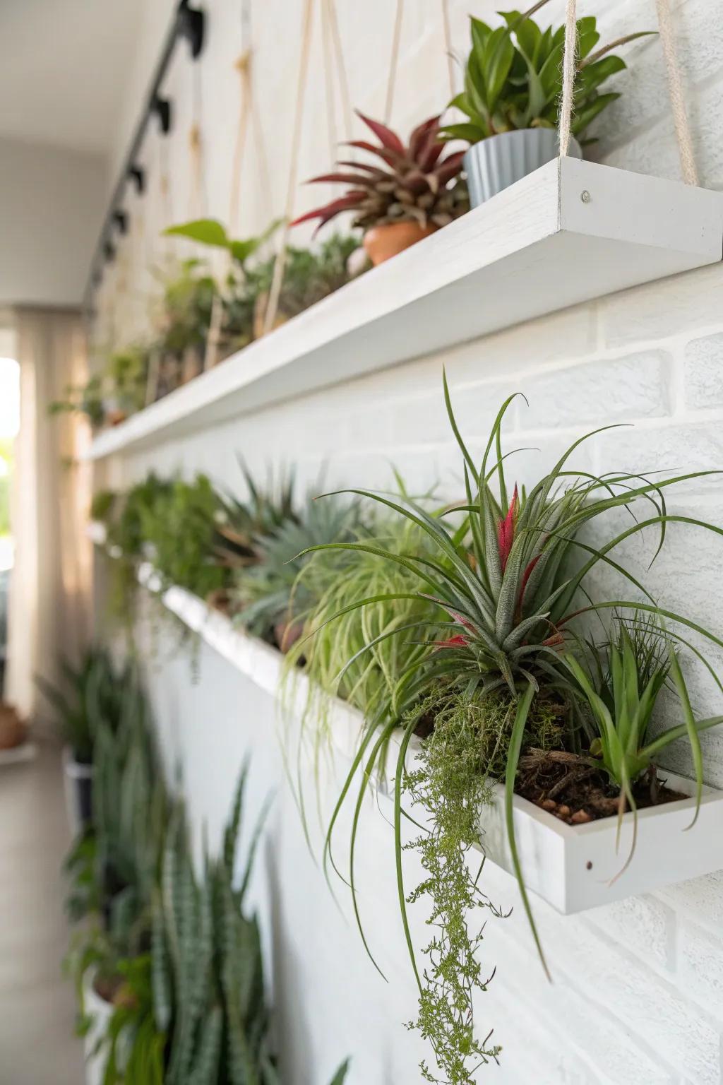 Wall mount shelves offer a simple way to show off air plants nicely.