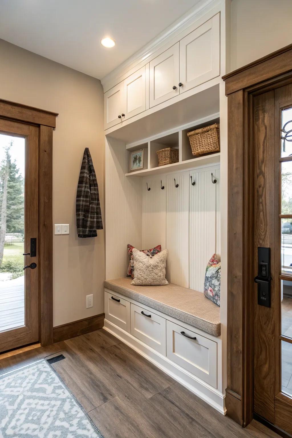 A practical bench adds seating and ample storage.