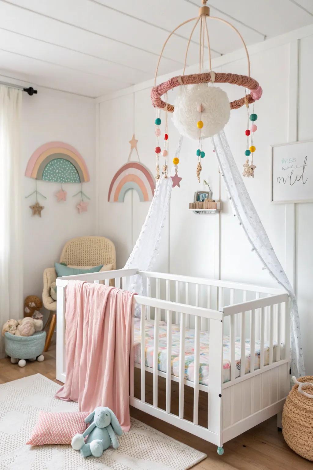 Unexpected pieces contribute a playful element to a white nursery.