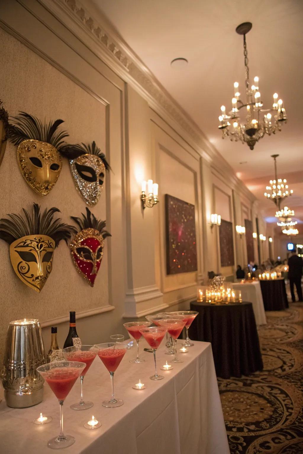 A stylish masked cocktail bash arrangement.