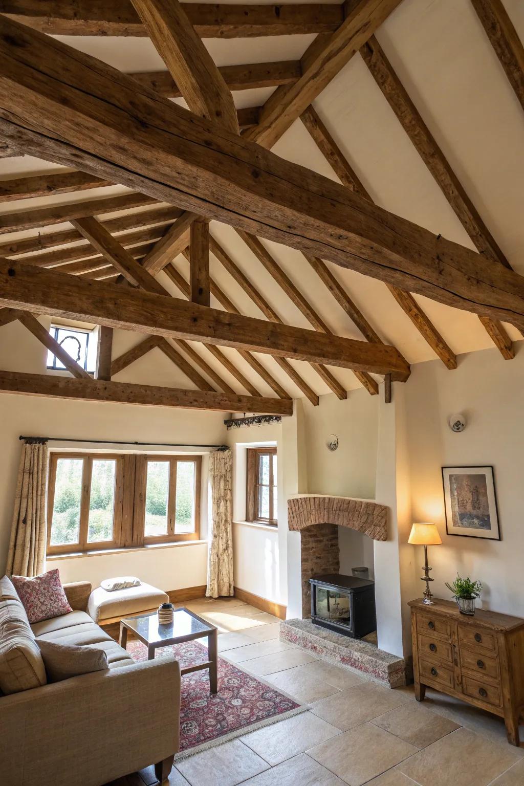 Uncovered supports introduce earthy charm to a colonial-style space.
