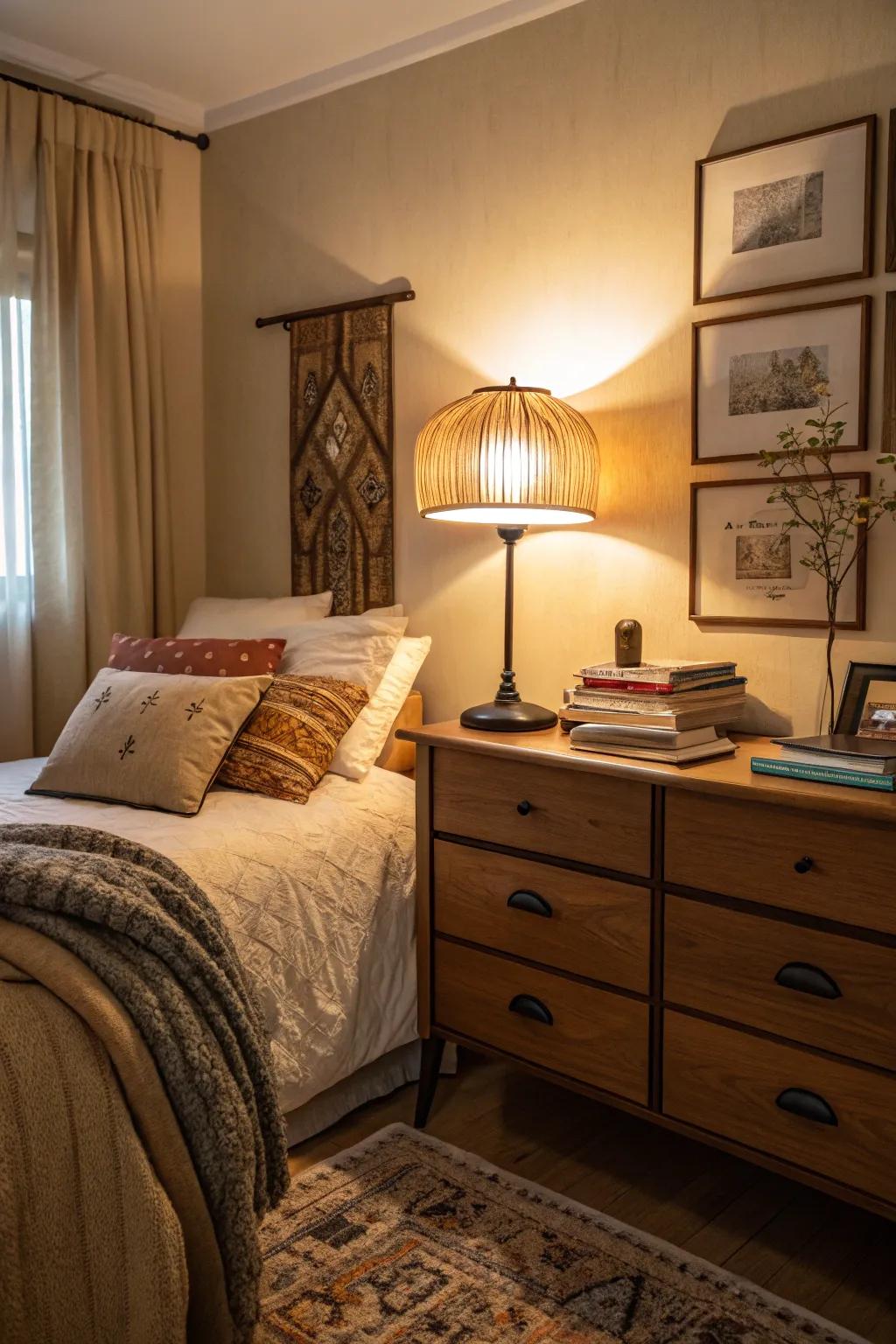The soft glow of a table lamp fills this apartment bedroom with warm light.
