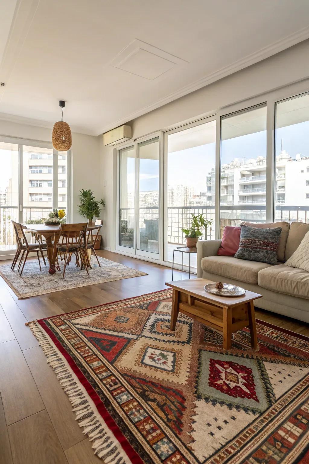 In open layouts, rugs can create defined zones.