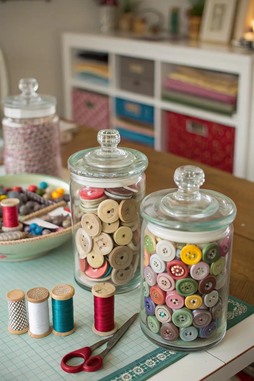 Vintage trinkets in vintage-inspired glass jars add a whimsical touch.