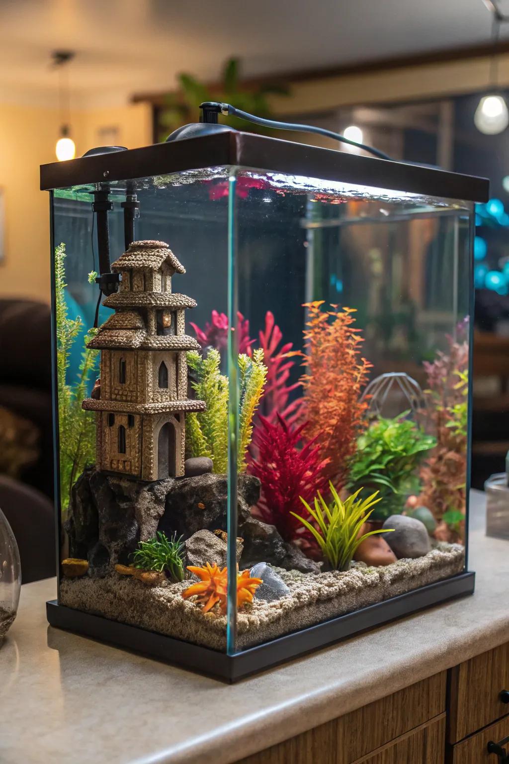 A spirited synthesis of vegetation and artistic elements intensifies the tank's radiance.