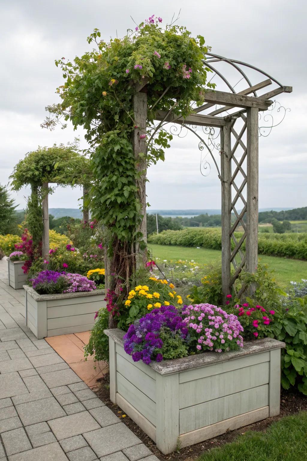 A vibrant arbor with beautiful plant containers filled with blooms.