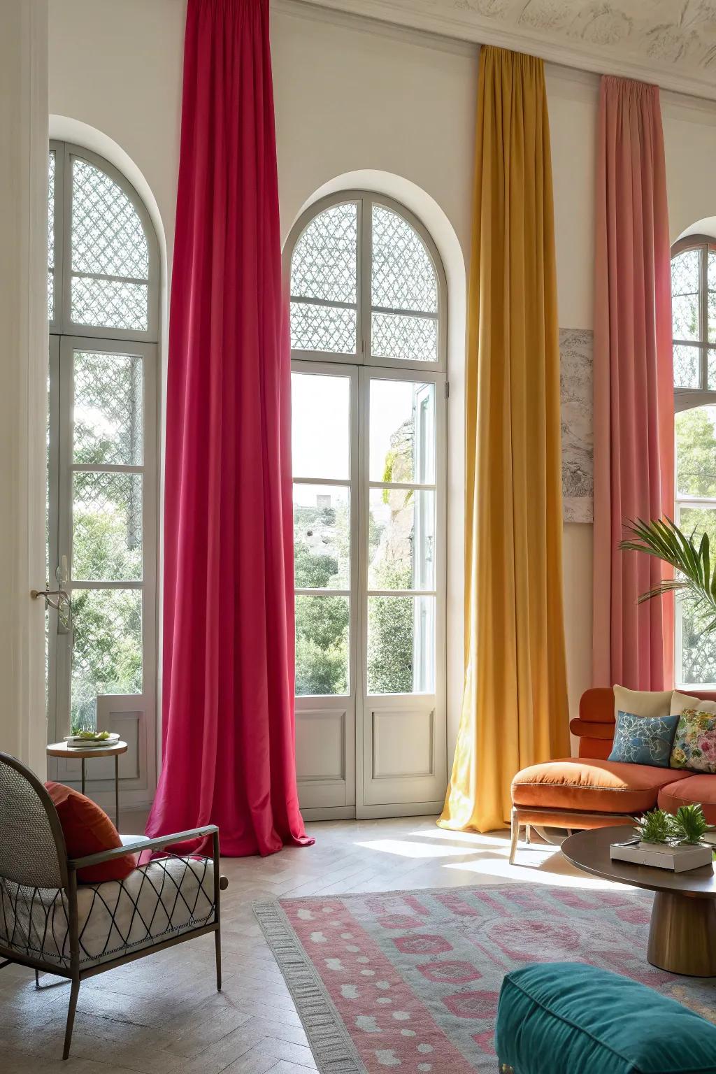 A vibrant, modern room showcasing striking color play on arched windows.