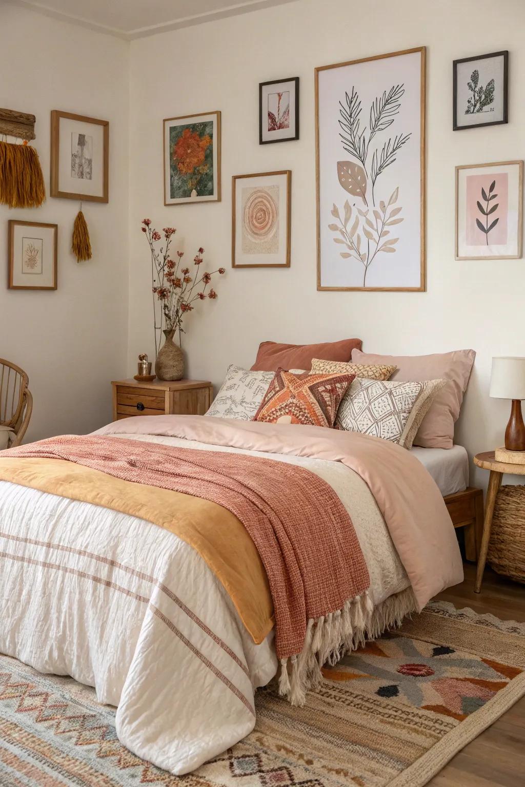 Inviting bedding enhances relaxation and unifies the room.