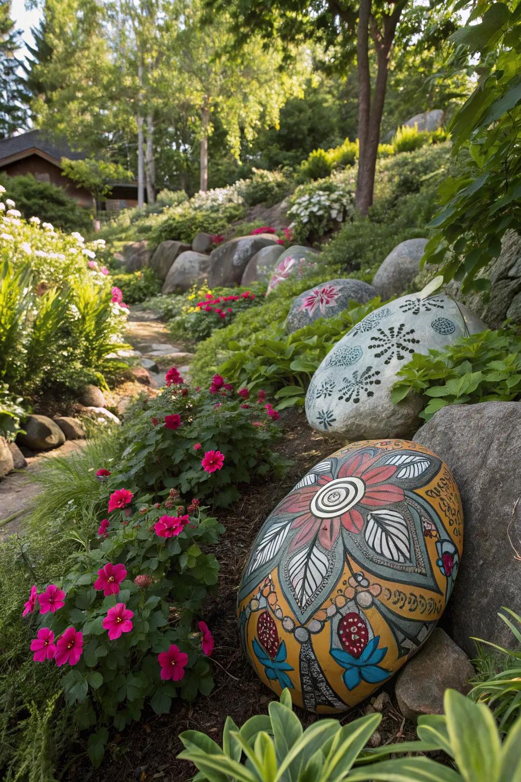 Painted rocks with metallic designs add a whimsical and artistic touch to this garden.