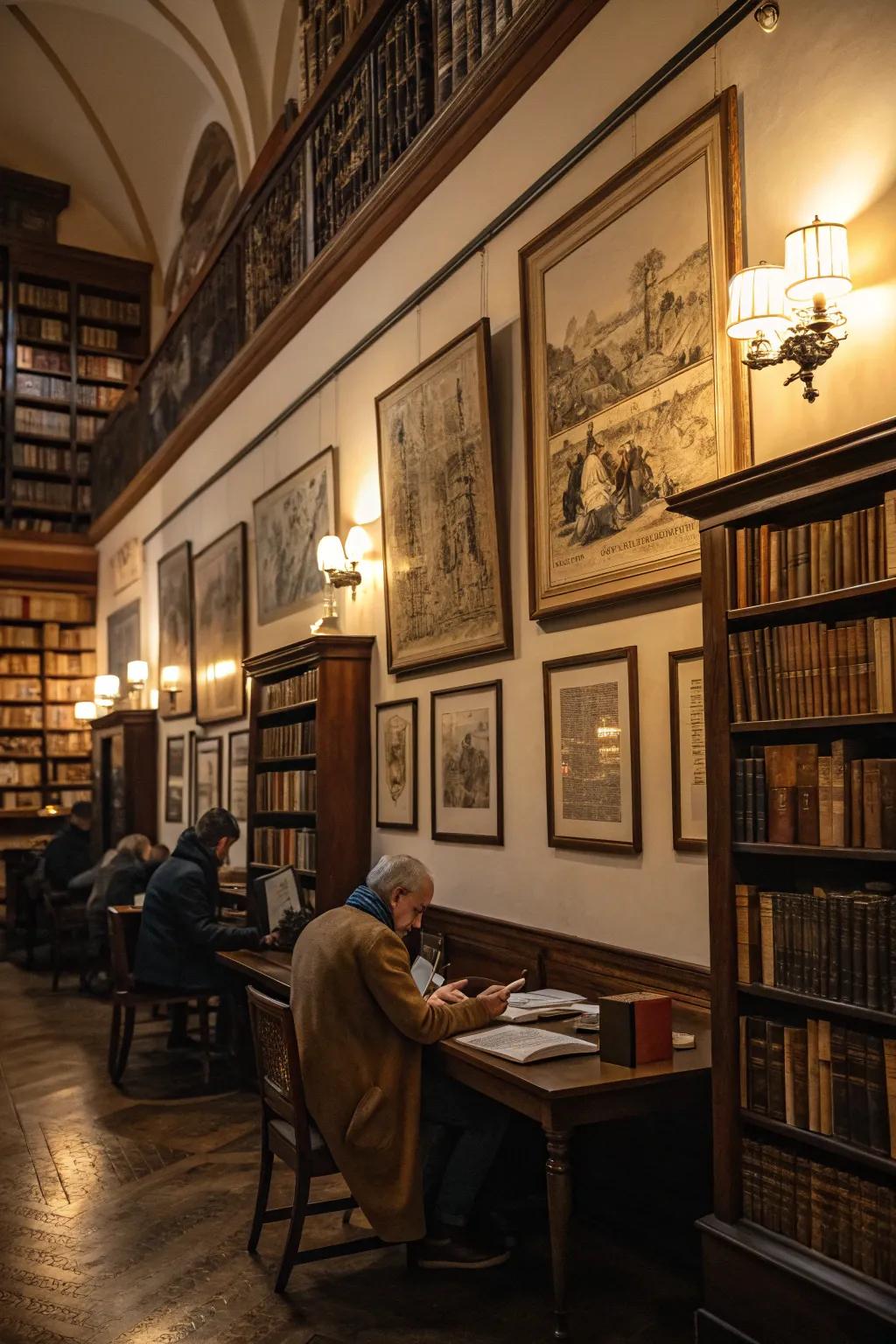 Historical-themed artwork adds depth to this cozy library.
