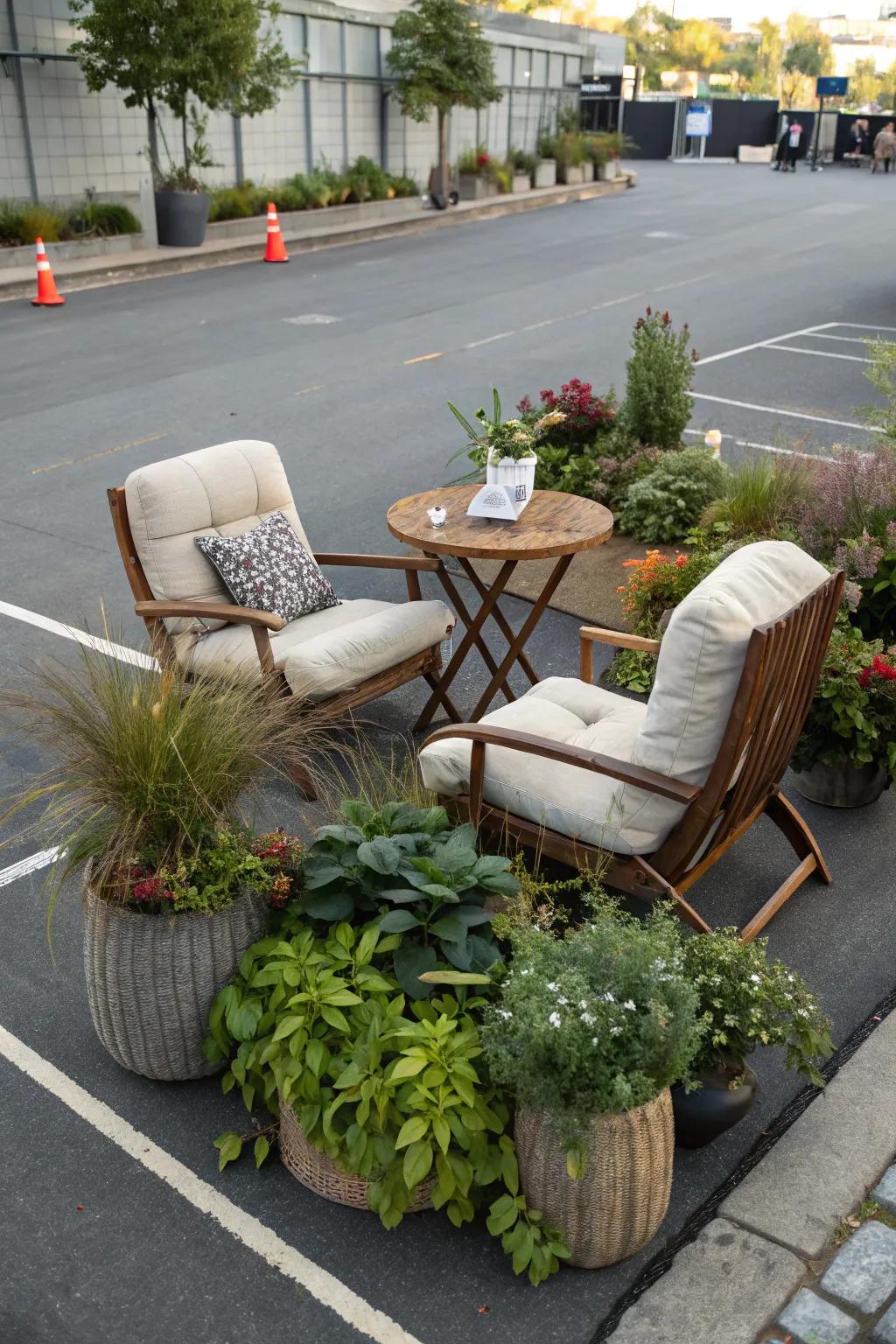 Paved surface seating spots offer a perfect location for relaxation and get-togethers.
