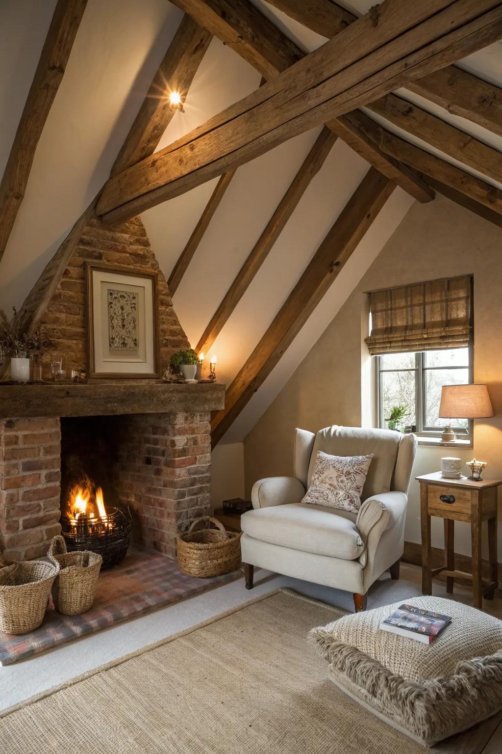 A countryside hearth serves as the flawless centerpiece for a snug attic bedroom.