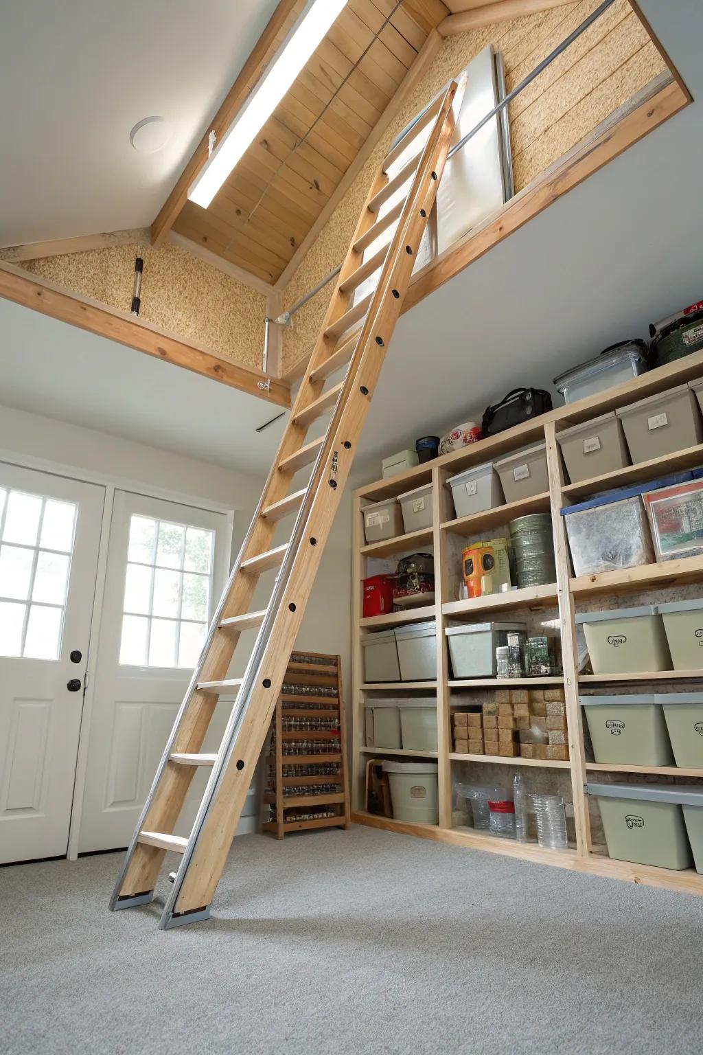 A pull-down staircase guarantees effortless and secure attic entry.