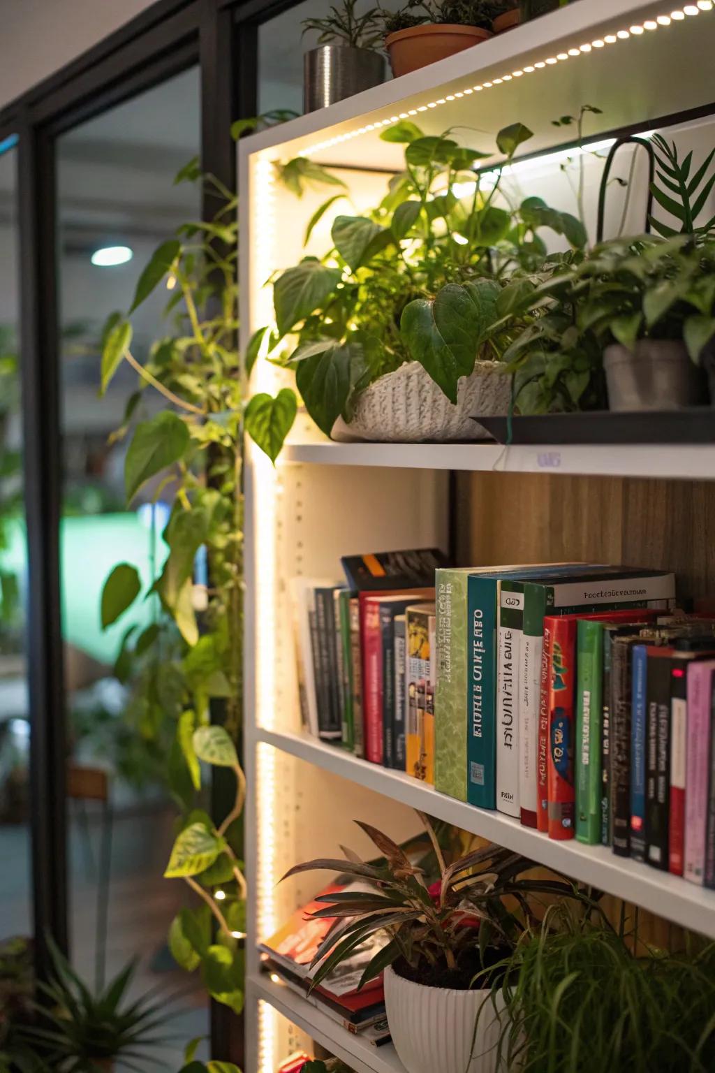 A bookshelf garden with integrated plant lights, blending books and plants.