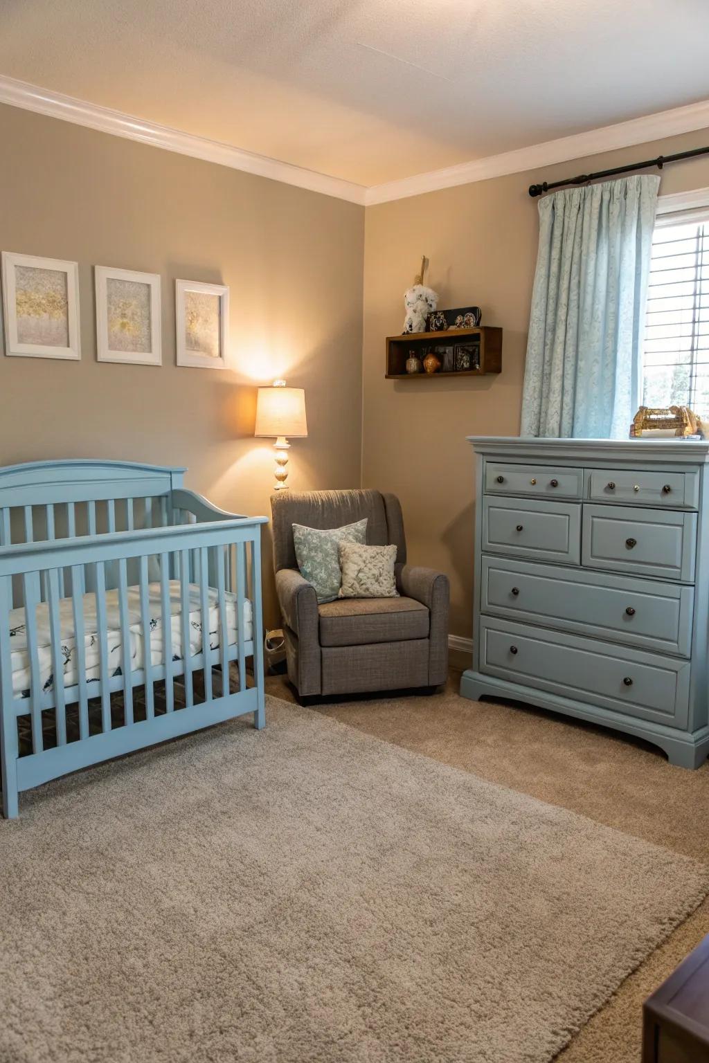 Light blue furnishings add a subtle splash of color to a peaceful bedroom.