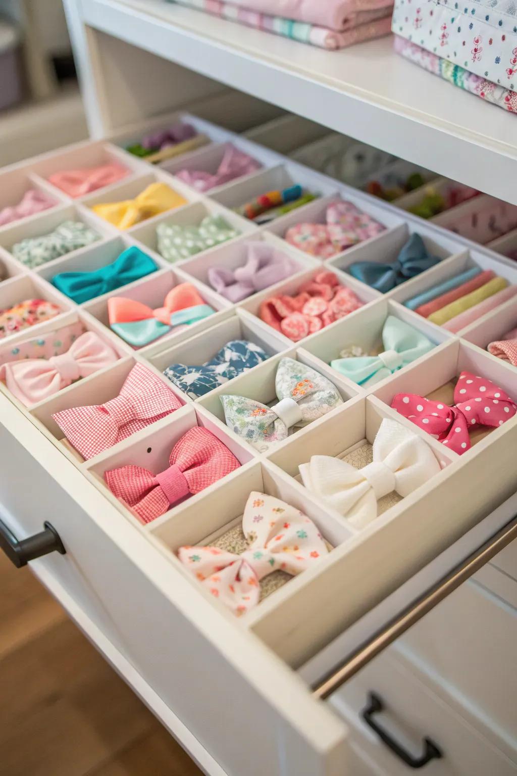 Baby bows in perfectly arranged drawer compartments.