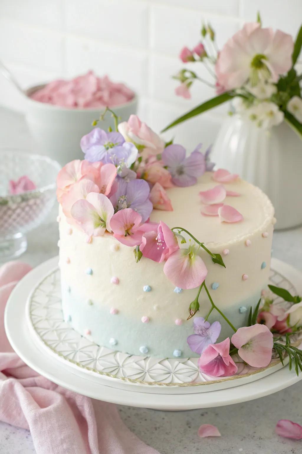 A simple yet elegant cake with floral decorations for a baby boy gathering.