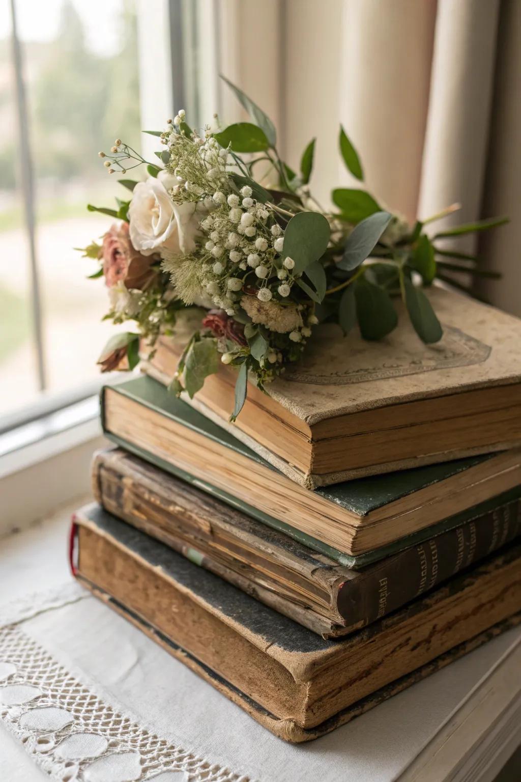 Book-inspired centerpiece with vintage books and floral accents.