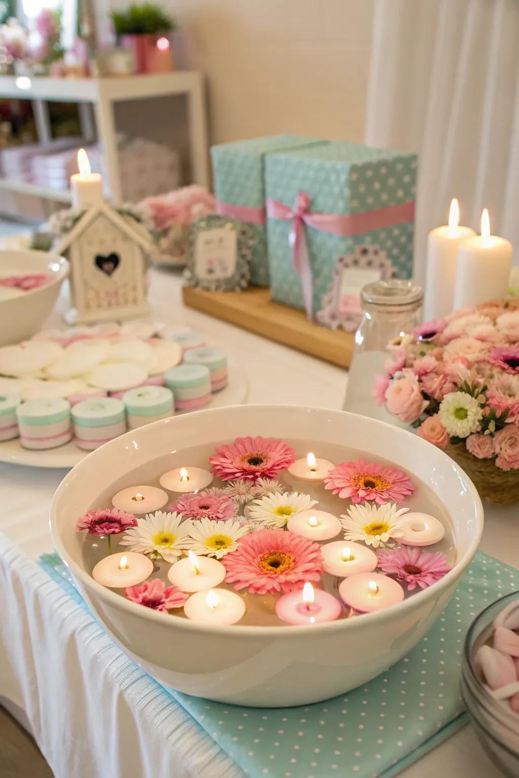 A serene centerpiece featuring water candles and flora