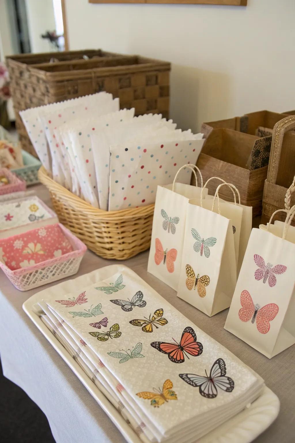 Insect-marked paper products add style to the specifics.