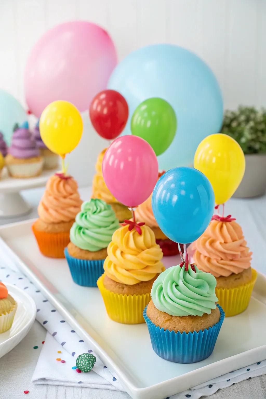 Balloon-themed cupcakes impart a splash of delight to the celebration.