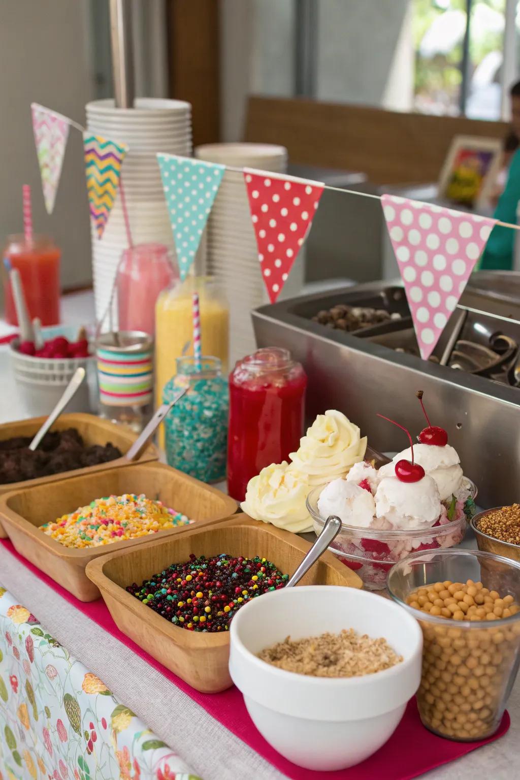 An ice cream sundae station stocked with a variety of toppings.