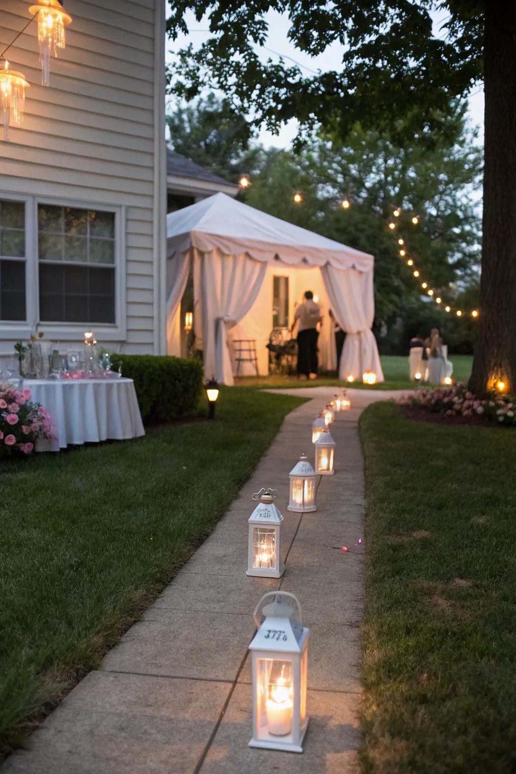A lighted path adds magic and guides guests to the entrance.