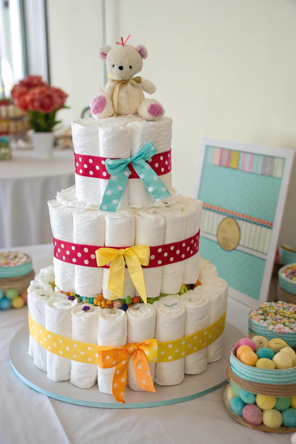 A practical yet decorative diaper cake, flawless for any baby shower celebration.