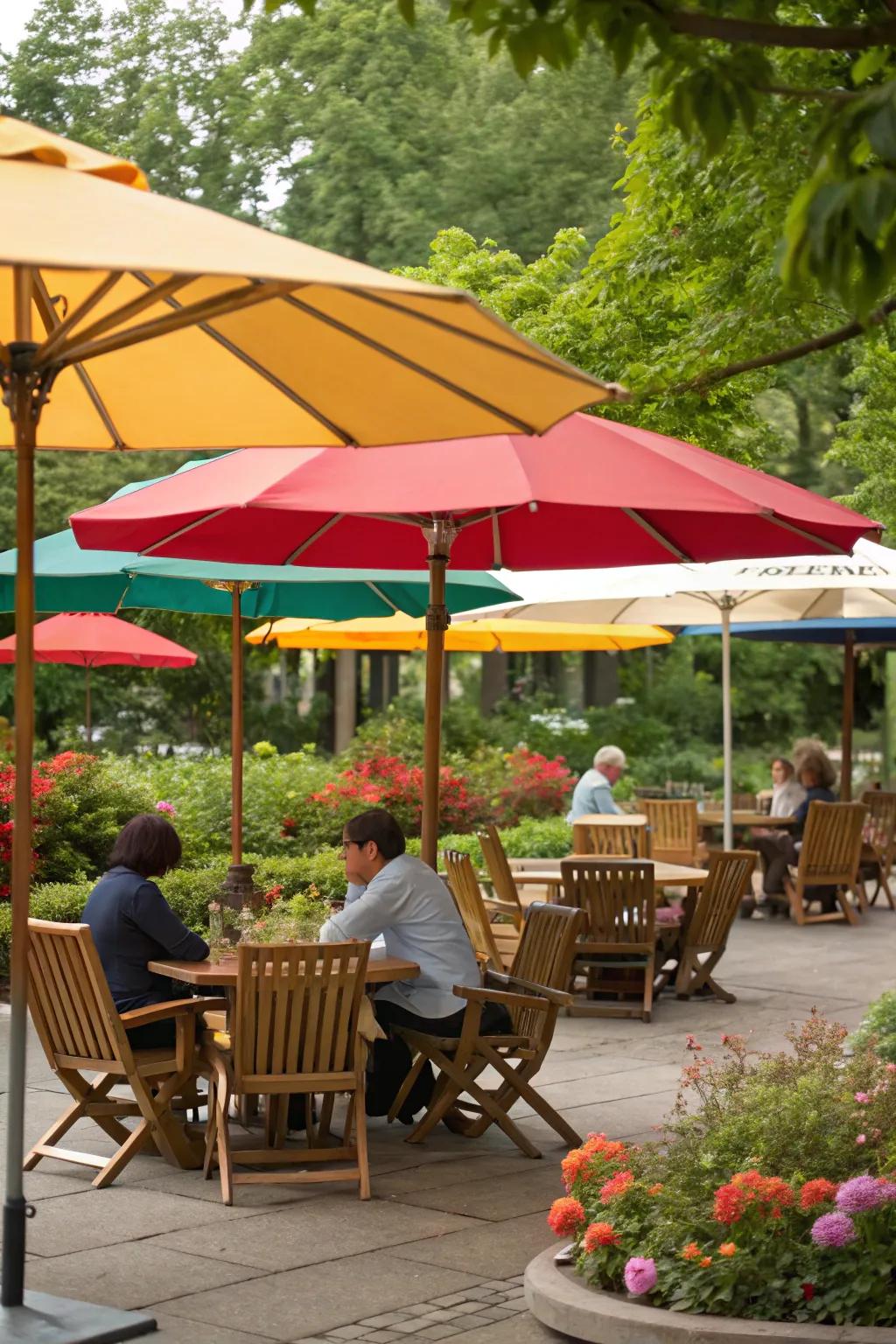 Outdoor seating area with umbrellas and canopies for shade.