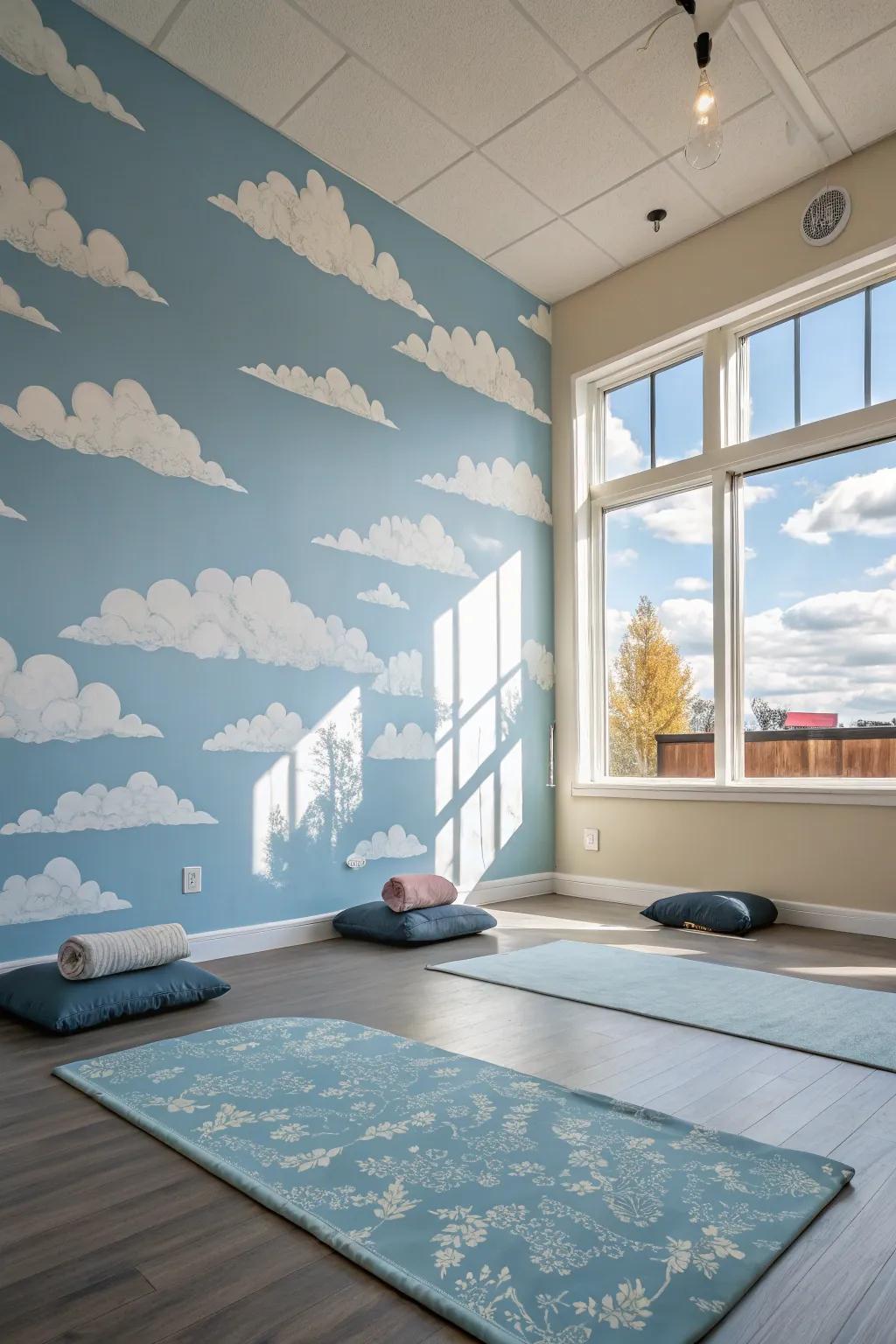 A meditation area featuring a sky-themed wall, showcasing a gentle blue sky and clouds.