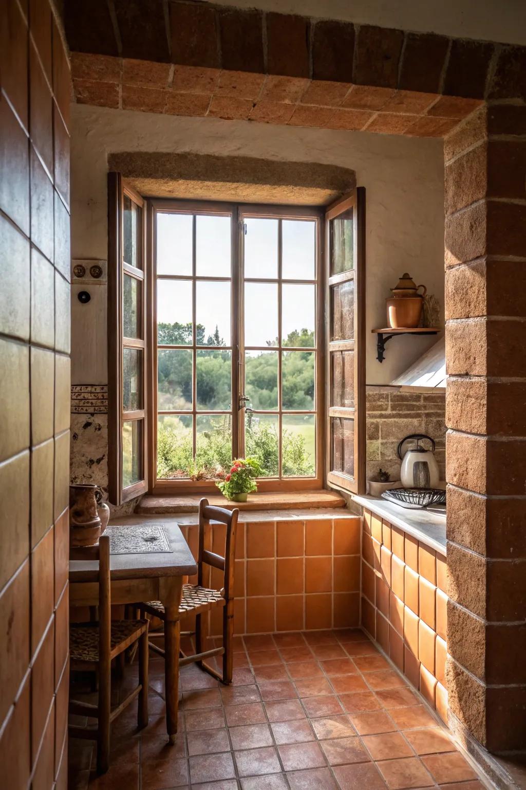 Earthy tiles bringing warmth around a kitchen window.