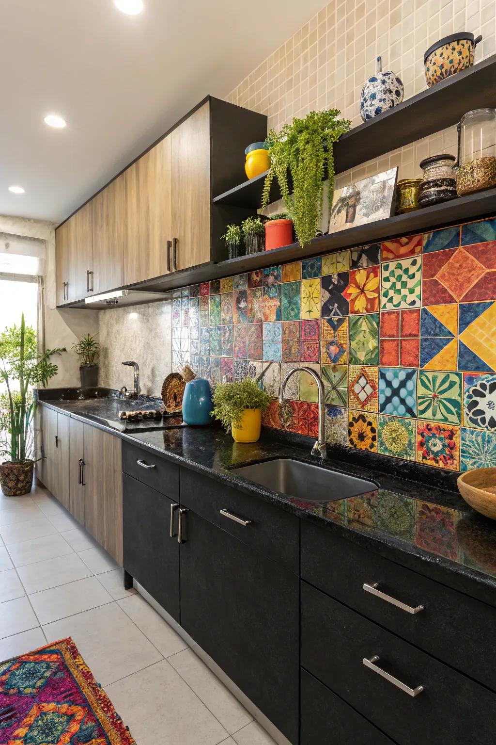 Patterned sections include a creative and vibrant style to culinary spaces.
