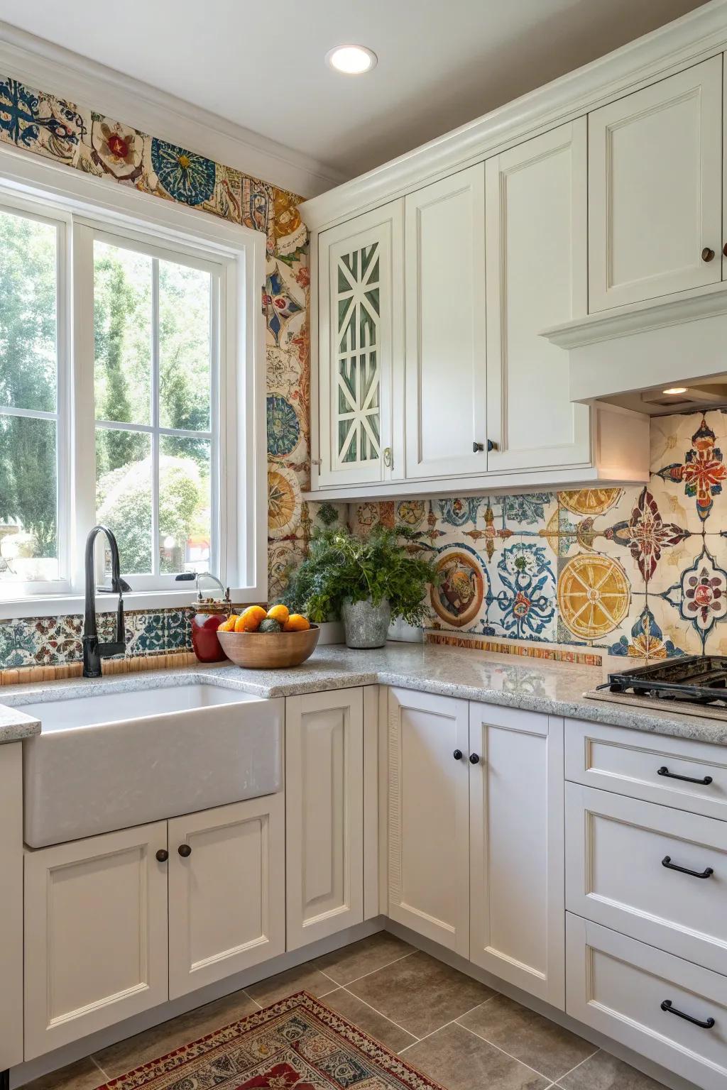 Hand-painted tiles contribute a distinctive artistic flair to this white kitchen.