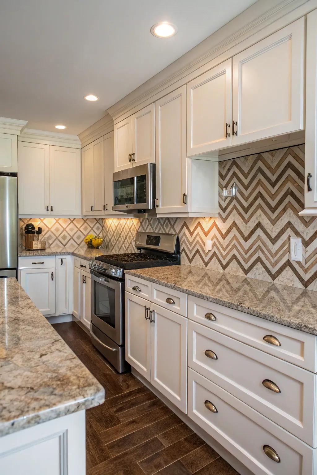 Inverted V pattern tiles add a modern edge to fantasy brown granite.