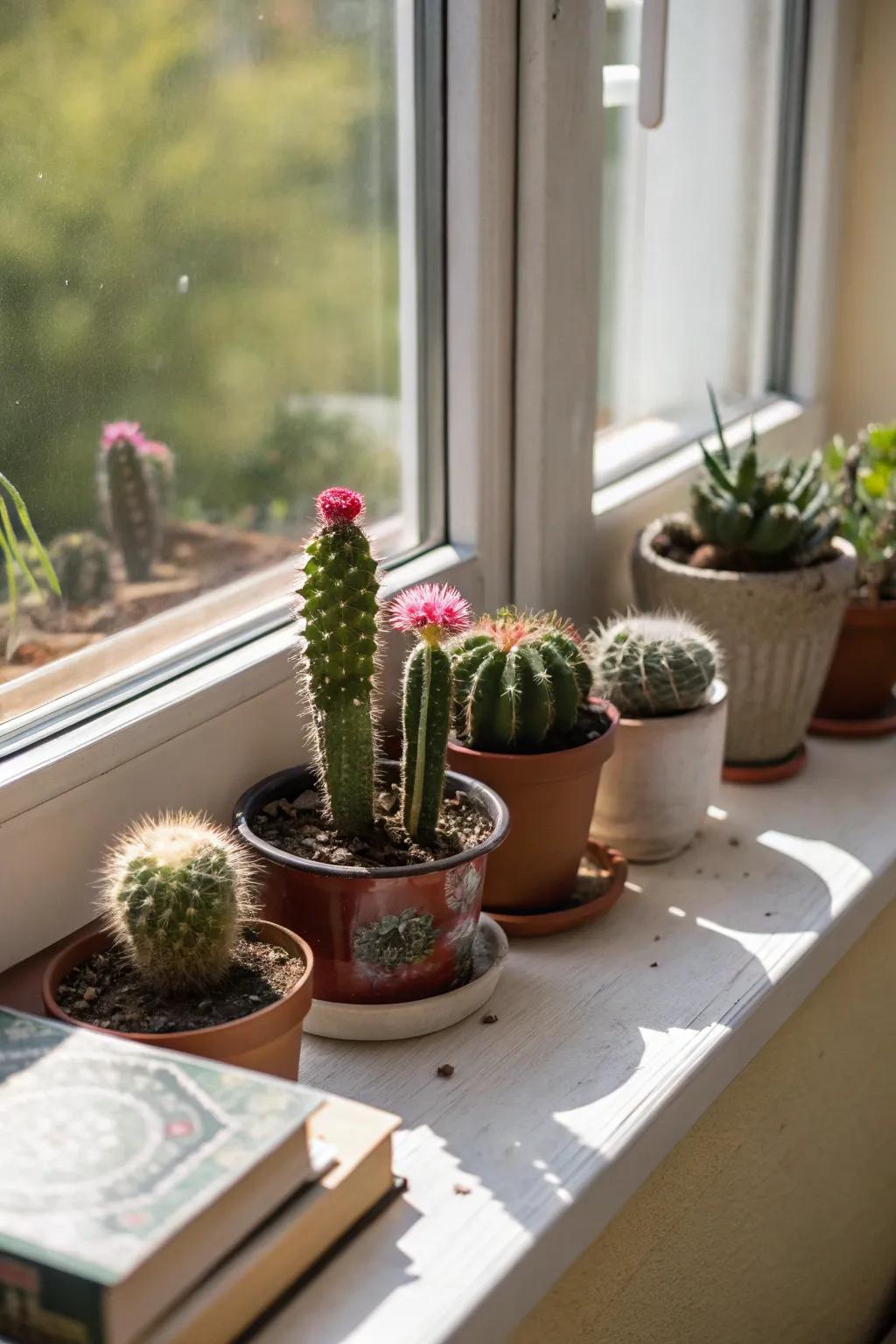 A charming miniature cactus world displayed on a window sill or shelf.