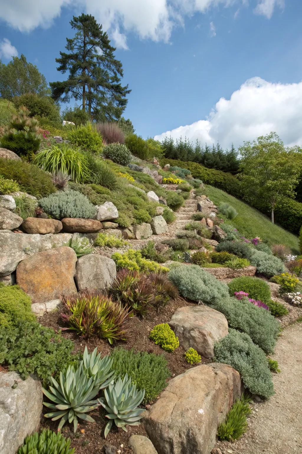 Rock gardens are a striking means of utilizing a hill’s natural attributes.
