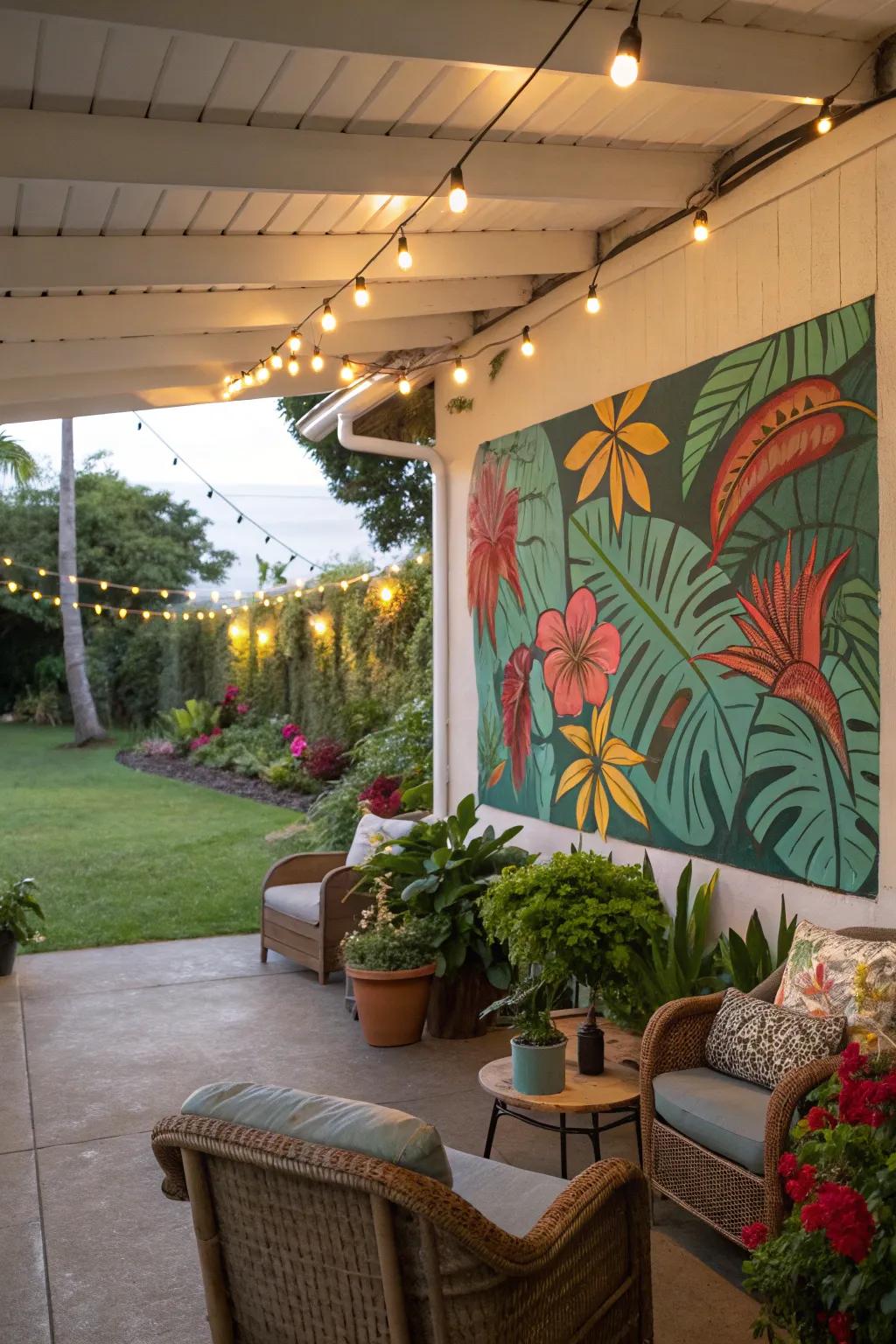 An artistic accent wall adds a splash of personality to a veranda.