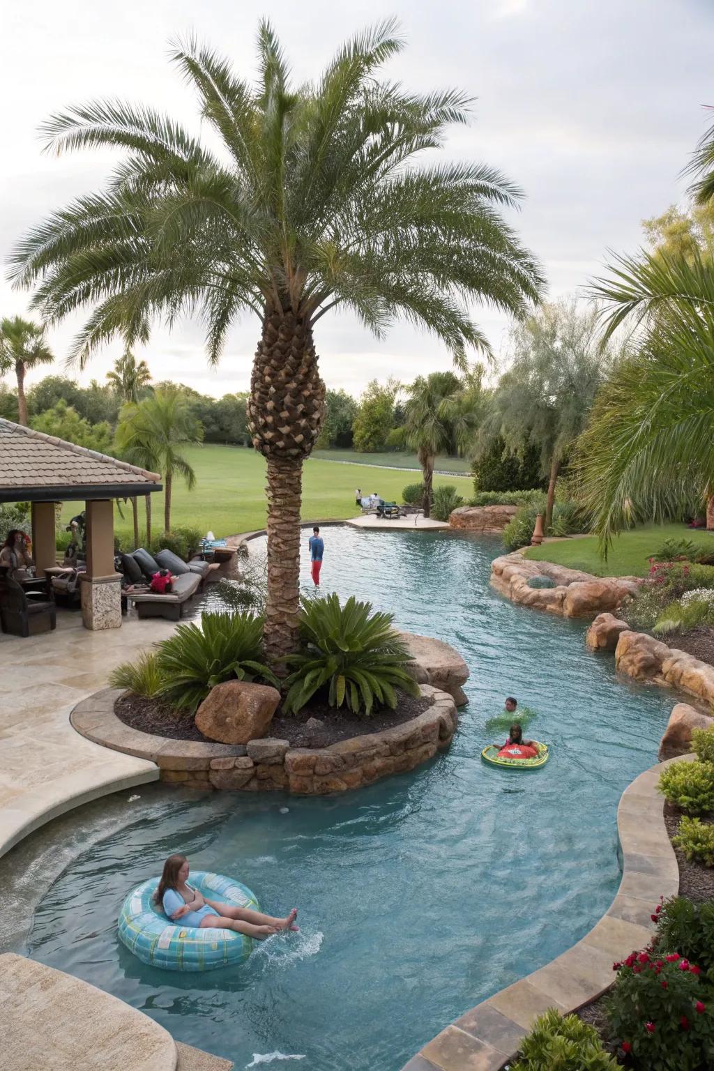 A tropical islet retreat within a lazy river pool.
