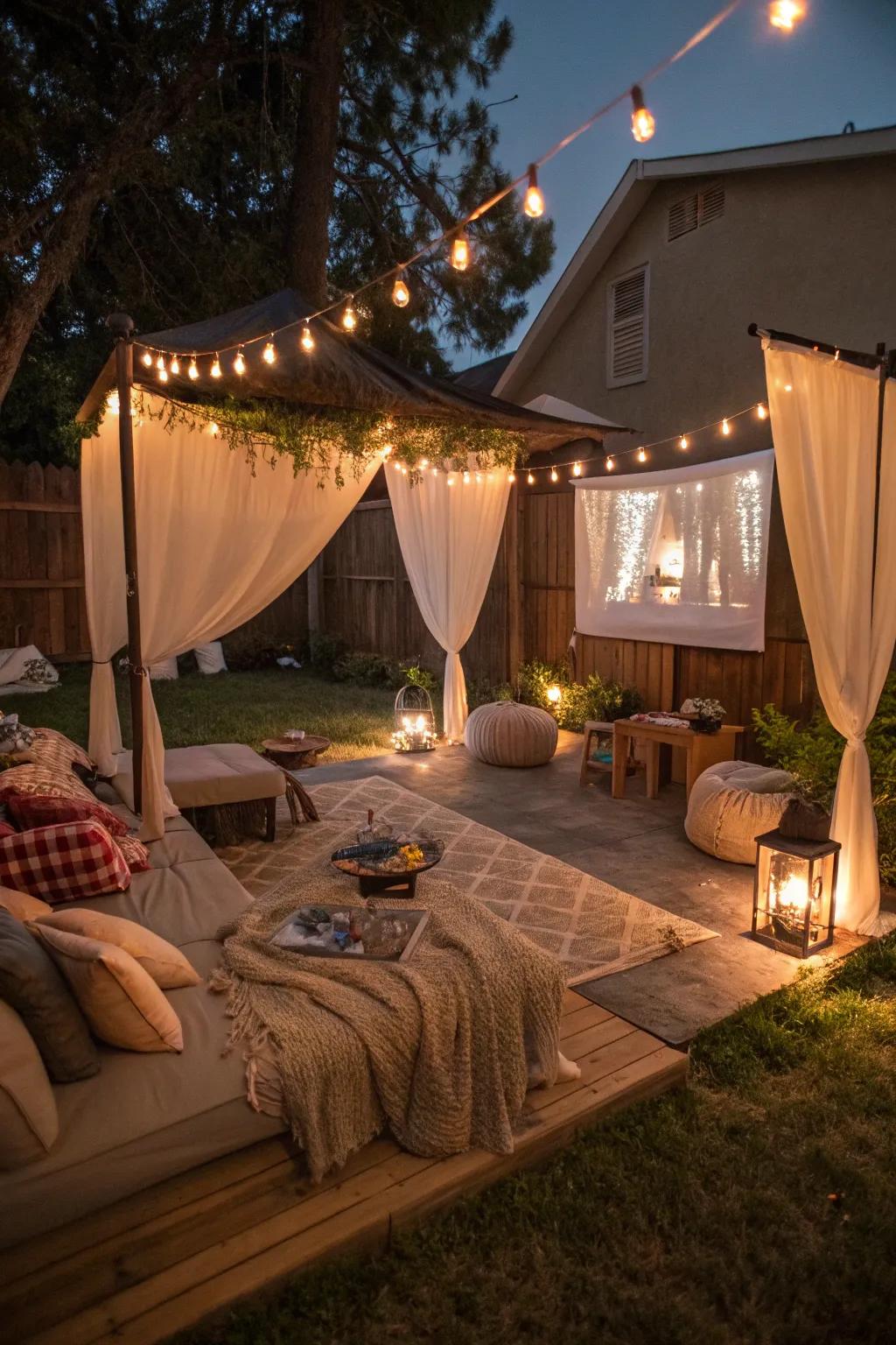 Tent covers craft an intimate and elegant film night setting.